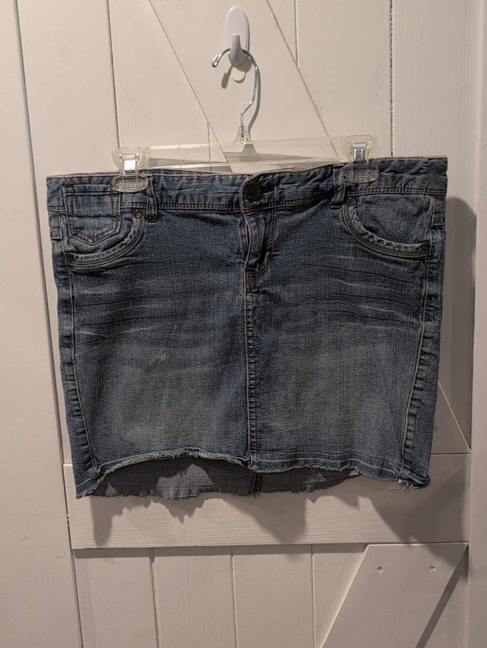Express Jeans Denim Mini Skirt Size 12 Blue Stretch Raw Hem Casual